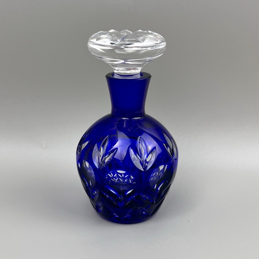 Cobalt Blue Etched Cut To Clear 4" Lead Crystal Bottle Bud Vase Stopper Decanter